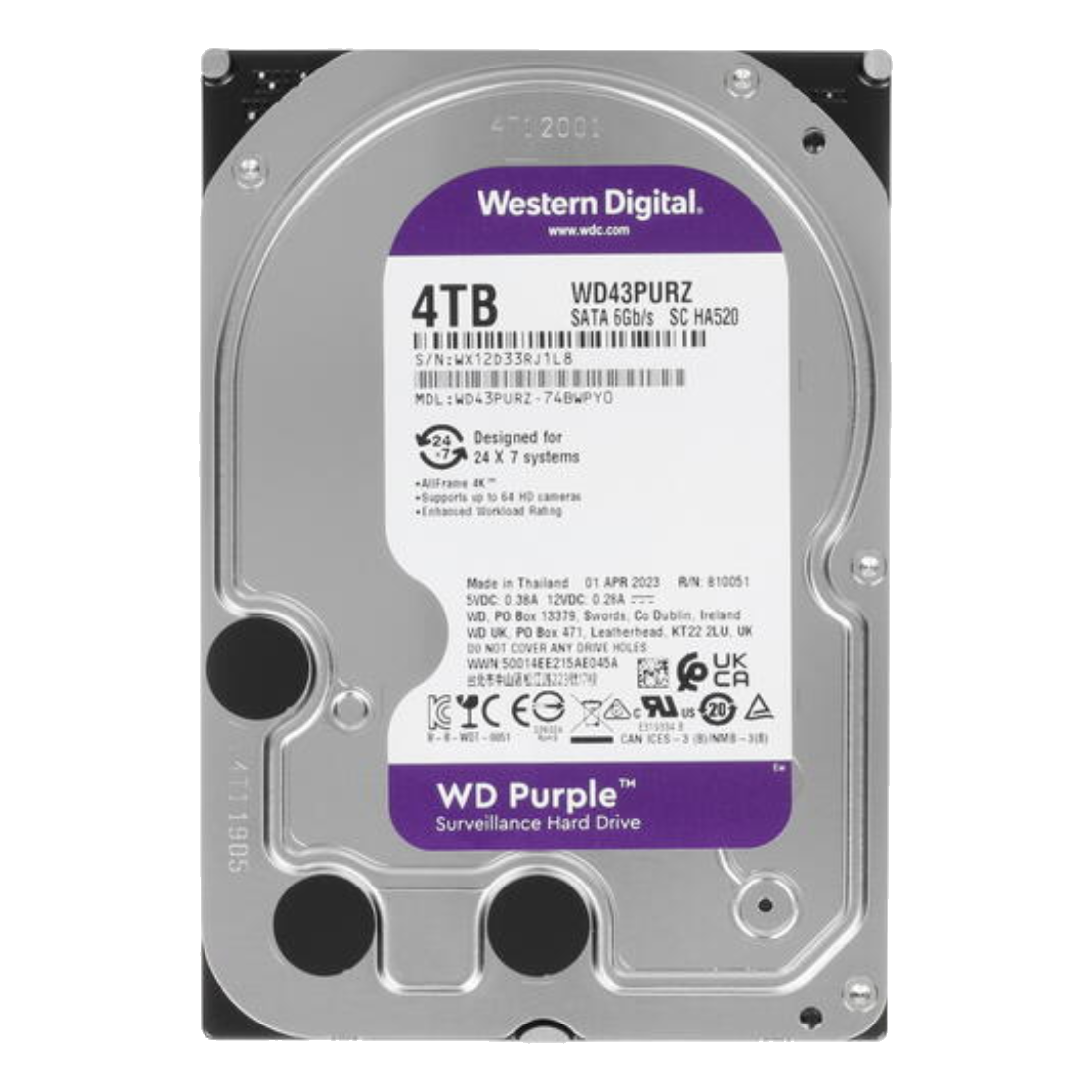 Жесткий диск для видеонаблюдения HDD 4Tb Western Digital Purple SATA 6Gb/s 256Mb 3,5" WD43PURZ